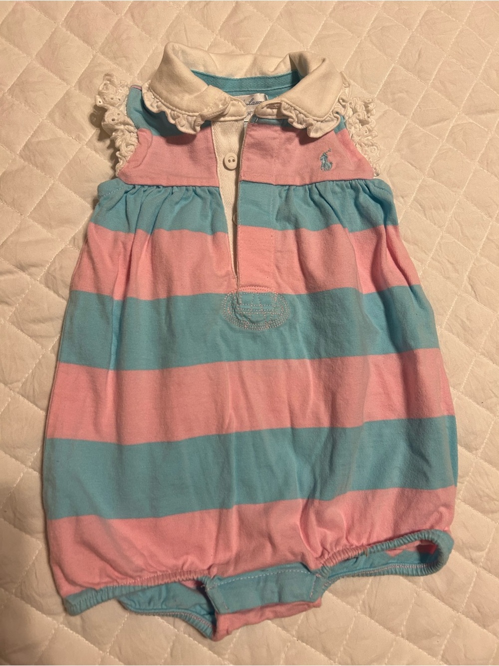 Ralph Lauren Pink & AquaStriped Polo Romper